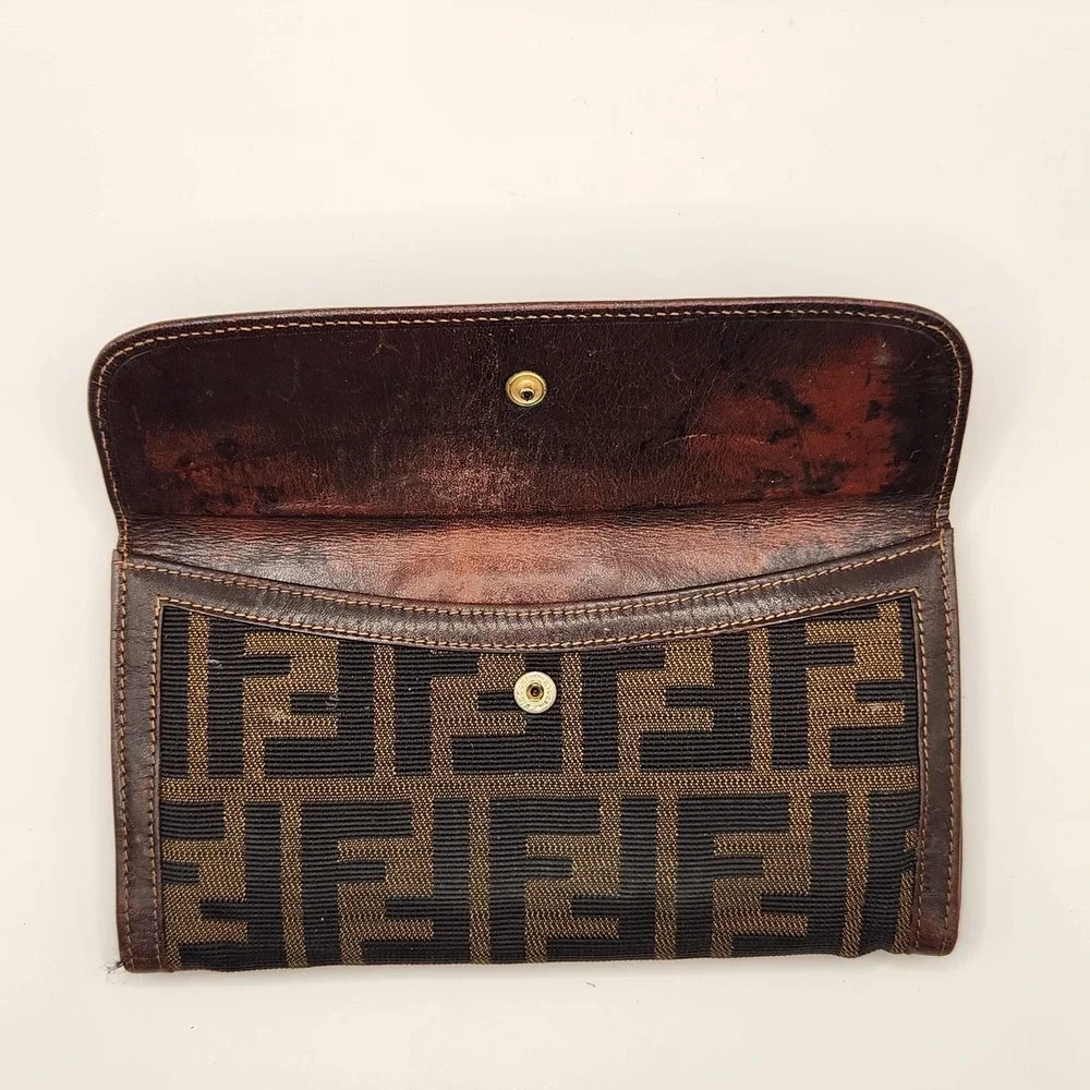 Authentic FENDI Zucca FF Monogram Long Trifold Wallet Brown Tobacco Vintage Rare
